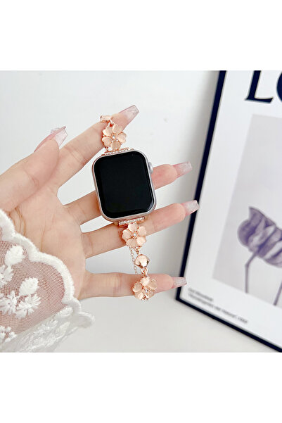 Sneezy Apple Watch Seri 4 5 6 7 8 9 10 44-45-46mm Çiçekli ve Kalp Zincir Deta...