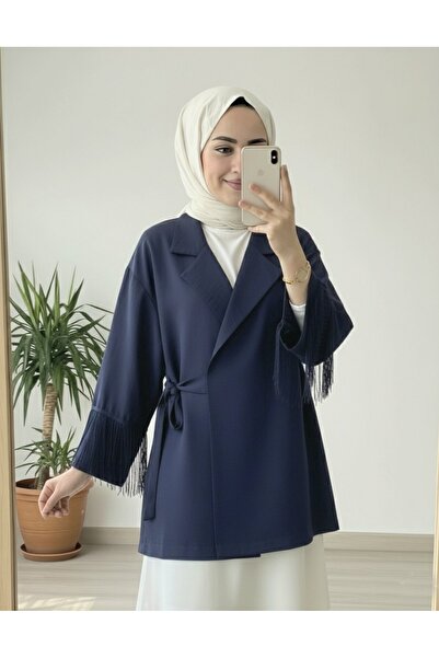 Modamorfo Tie-Front Kimono Jacket with Tassel Detail on the Sleeves - Navy