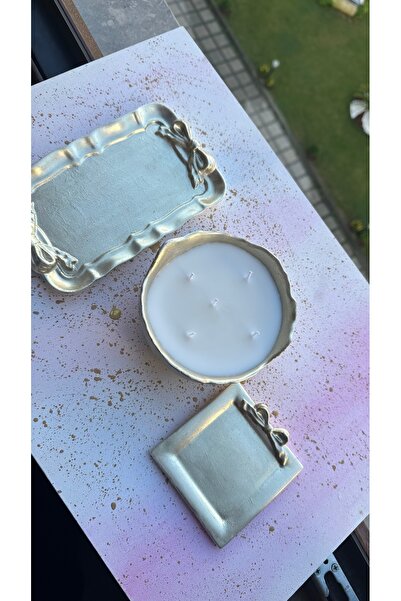 BalibeeCandle 3lü dekoratif set Mum 2li fiyonklu tabak