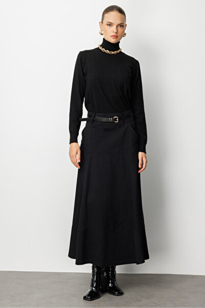 Mizalle Siyah A Kesim Kemerli Kalın Volanlı Maksi Etek