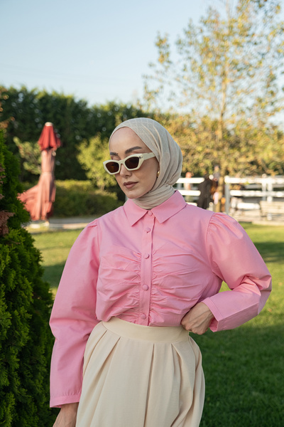 LOCCO Women's Drawstring Detail Poplin Shirt Pink