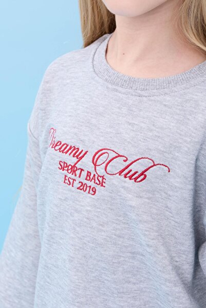 Perendi Girl's Dreamy Embroidered Crew Neck Seasonal Top and Bottom Set Gray