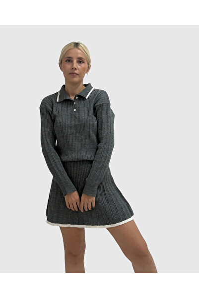 haha Grey Polo Neck Blouse for Women - Skirt Set
