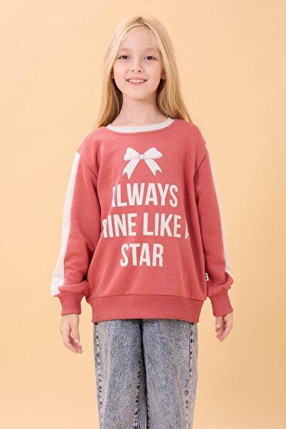 Perendi Kız Çocuk Baskılı Bisiklet Yaka Mevsimlik Sweatshirt Kiremit