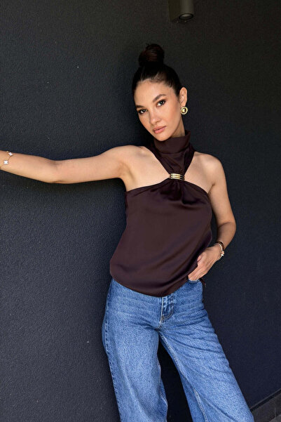 FABB Bluză din satin cu cataramă maro închis