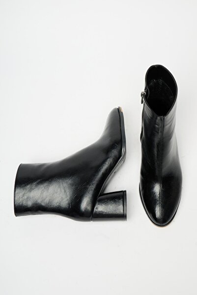 Madamra Kadın Siyah Rugan Topuklu Bot & Bootie – Fermuarlı Şık Günlük Bot