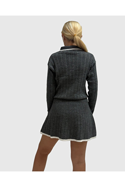 haha Grey Polo Neck Blouse for Women - Skirt Set