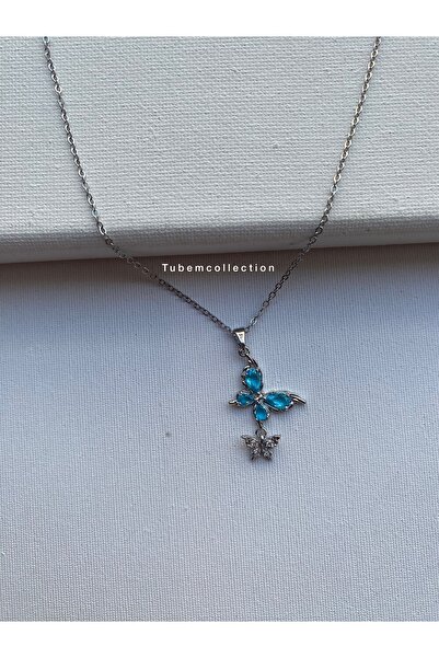 COLLECTİON Çelik Mavi Taşlı Çift Kelebek Kolye