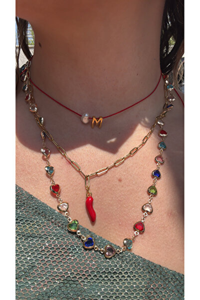 Mojo Jewellery Çelik Gold Y Kolye Ataç Biber ve Kişiye Özel Harfli İncili Kol...