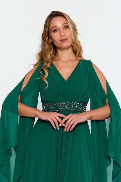 DORİDORCA Women's Plus Size V-Neck Maxi Evening Dress 6021 Emerald