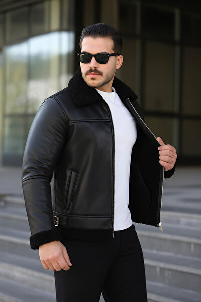 Boymen Ανδρικό δερμάτινο παλτό Χειμερινό δερμάτινο μπουφάν αντιανεμικό με γούνα