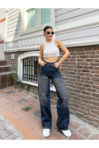 pass&pass Y2K Side Pocket Front Side Pocket Detail Wide Leg Tinted (Dark Blue) Chemical Washed
