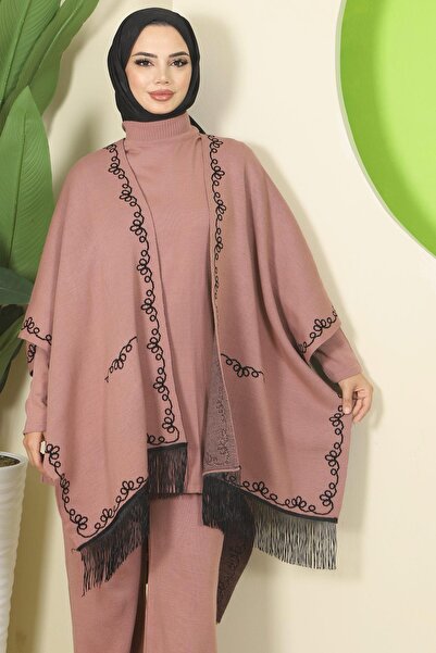 hafsamina Chain Pattern Paneled Triple Knitwear Set Dusty Rose Hm2815