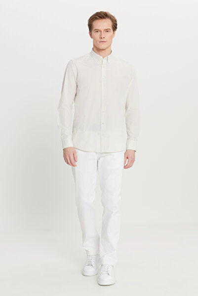 AC&Co / Altınyıldız Classics Men's White-Beige Cotton Tailored Slim Fit Button-Down Classic Collar Striped Shirt