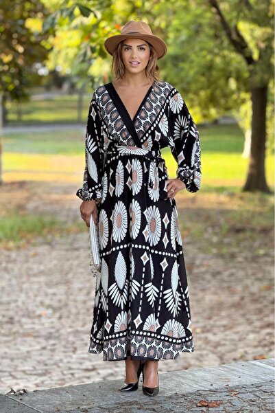 Nevin Kaya Moda Black Boho Patterned Double Breasted Collar Dress