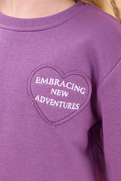 Perendi Girl's Basic Heart Applique Seasonal Top and Bottom Set Purple