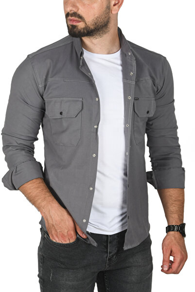 Rizz up Ανδρικό πουκάμισο γκρι μεγάλου μεγέθους από βαμβακερό λύκρα – στενή ε...