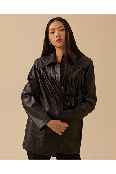 SEÇİL Штучна шкіряна куртка з кишенями та бахромою - чорна