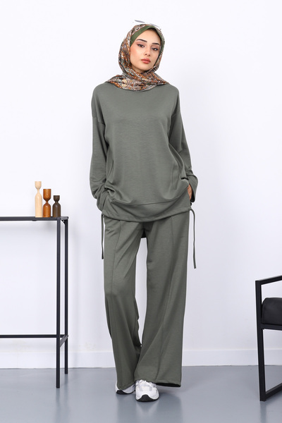 İmajButik Khaki Front Detailed Modal Tunic Trouser Set