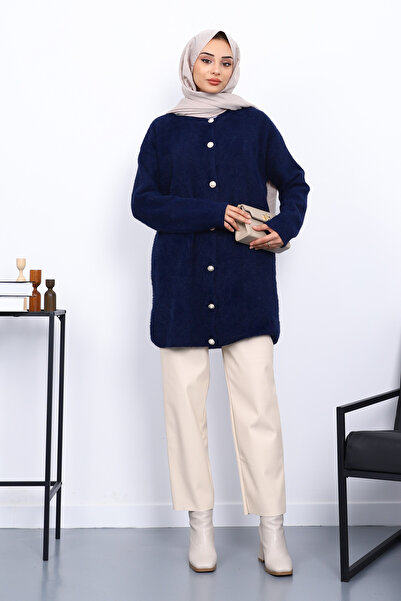 İmajButik Navy Blue Buttoned Angora Soft Knit Cardigan