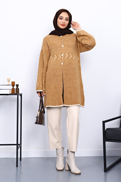 İmajButik Biscuit Patterned Angora Soft Knit Cardigan