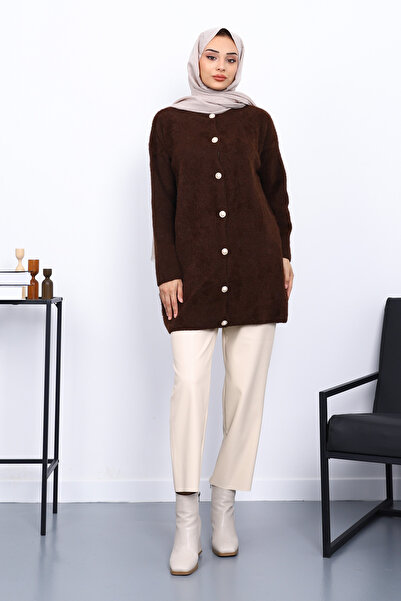 İmajButik Brown Buttoned Angora Soft Knit Cardigan