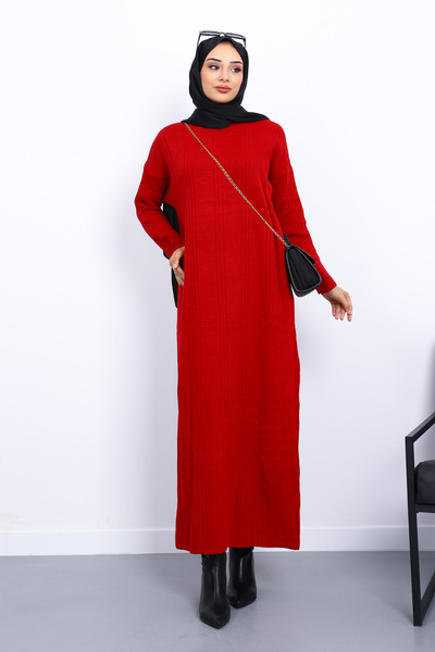 İmajButik Red Stand Collar Ribbed Knit Dress