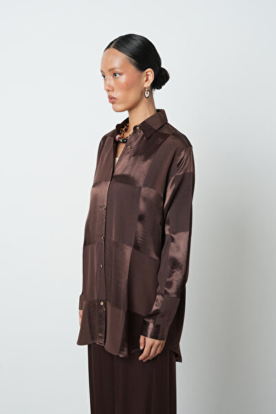 Orfeo Negro Women's Brown Checkerboard Pattern Oversize Cut Hijab Shirt