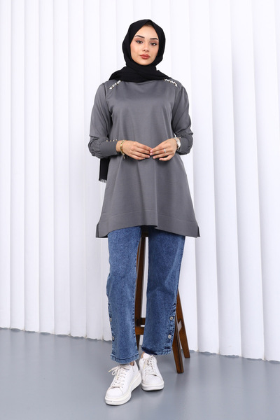 İmajButik Smoked Shoulder Stone Mercerized Cold Yarn Knitwear Tunic