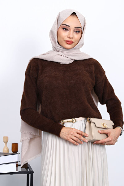 İmajButik Καφέ πουλόβερ με λαιμόκοψη Angora Yumoş πλεκτό πουλόβερ