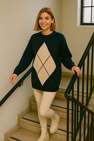 minaaise Жіноча темно-синя трикотажна туніка з візерунком «баклава» та м'якою фактурою 347