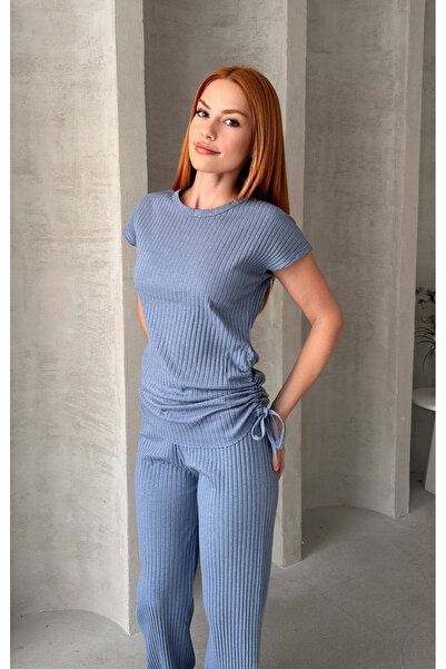 EYYE Indigo Women's Cotton Gathered Side Ribbed Bottom Top Set