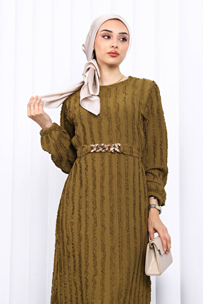 İmajButik Φόρεμα από γκοφρέ με λεπτομέρεια με βολάν και ζώνη στη μέση σε χακί χρώμα