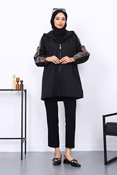 İmajButik Siyah Kol Pul Detaylı Trençkot