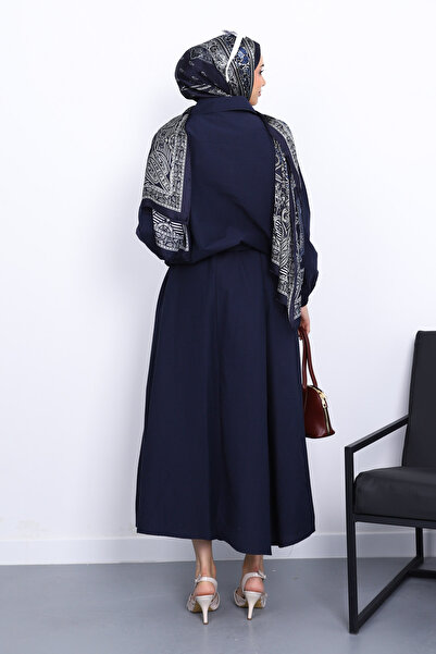 İmajButik Navy Blue Pocketed Elastic Waist Skirt Suit