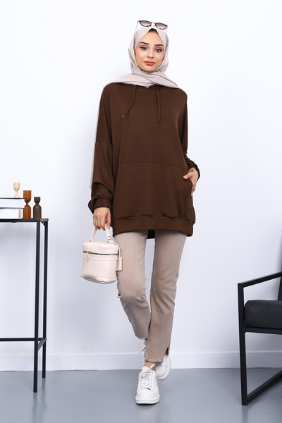 İmajButik Brown Kangaroo Pocket Modal Sweatshirt