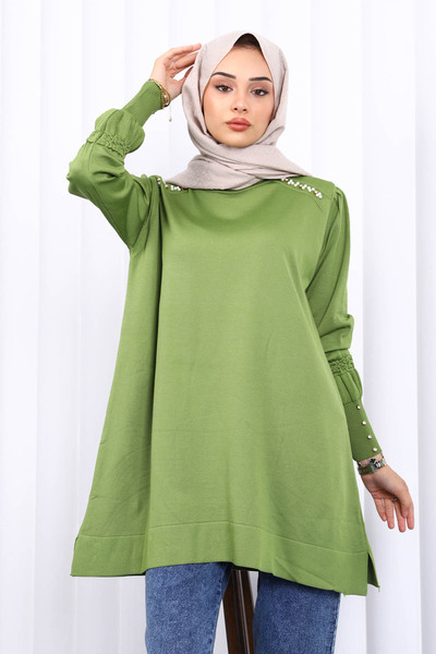 İmajButik Oil Green Shoulder Stone Cold Yarn Knitwear Tunic