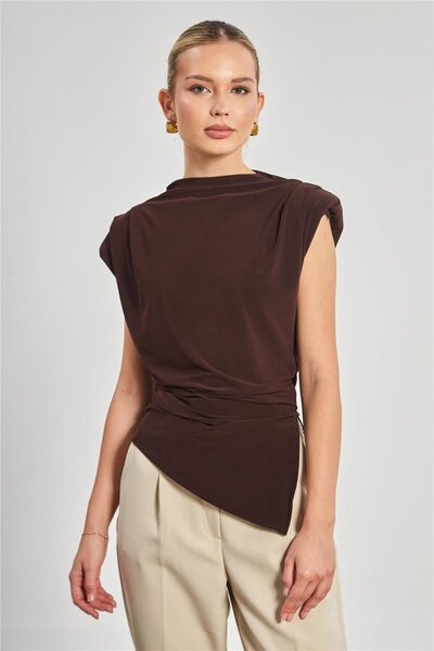 BARRELS AND OIL Women's Blouse with Shoulder Pleats and Padding - Brown