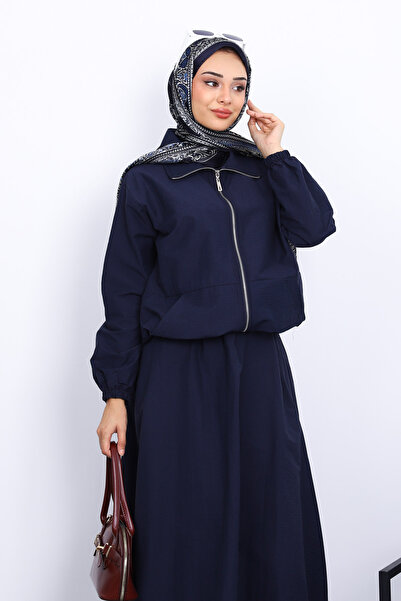 İmajButik Navy Blue Pocketed Elastic Waist Skirt Suit