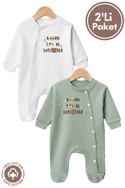 Miniel Unisex Born to Be Printed 0-6 Months Combed Organic Cotton Baby Rompers with Booties Set of 2