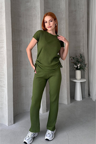 EYYE Γυναικείο βαμβακερό κοστούμι με πράσινο λάδι, με πλαϊνά κορδόνια που συσφίγγουν το κάτω μέρος