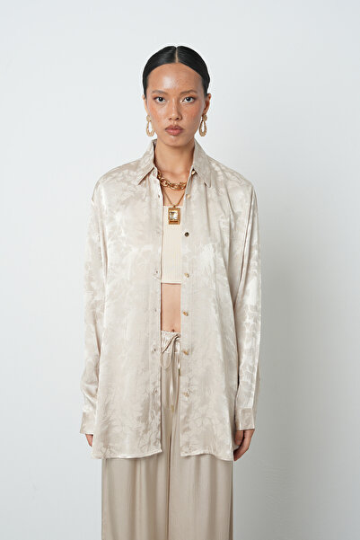 Orfeo Negro Women's Beige Color Patterned Oversize Cut Hijab Shirt