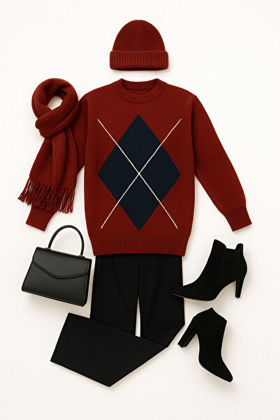 minaaise Women's Burgundy Knitwear Tunic with Diamond Pattern Soft Texture 347