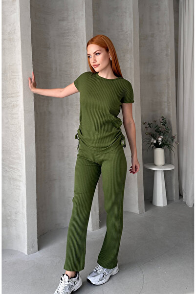 EYYE Γυναικείο βαμβακερό κοστούμι με πράσινο λάδι, με πλαϊνά κορδόνια που συσφίγγουν το κάτω μέρος