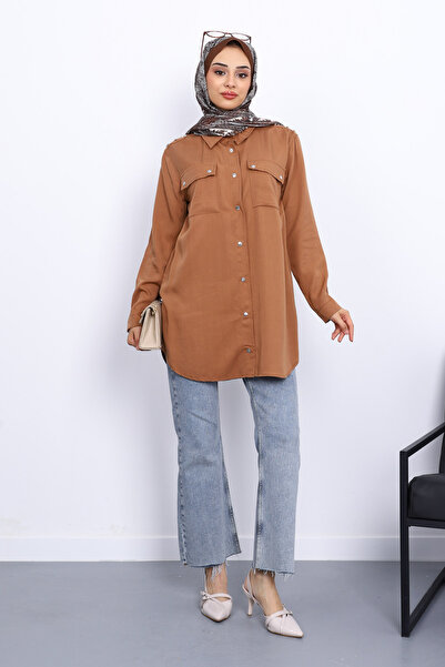 İmajButik Tan Double Pocket Tunic with Shoulder Epaulettes