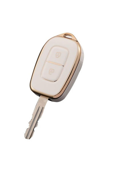 LUVLU Husa premium cheie Dacia 2 butoane compatibila Logan Sandero Duster Renault Symbol Trafic, Alb/Auriu