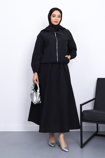 İmajButik Siyah Cepli Bel Lastikli Etekli Takım