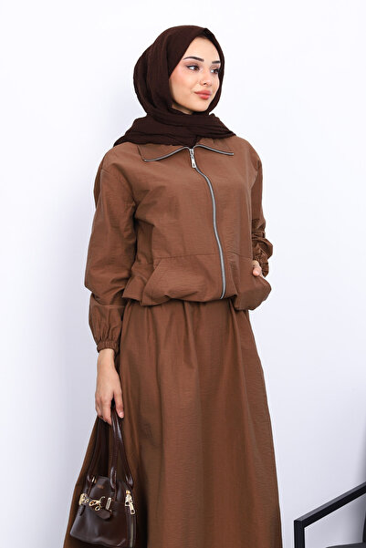 İmajButik Brown Pocketed Elastic Waist Skirt Suit
