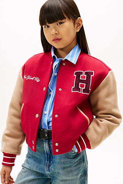 Tommy Hilfiger Kız Çocuk Regular Fit Harf Apilkeli Kolej Ceket - Kırmızı