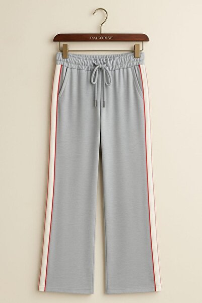 enmodaiçgiyim Gri Yüksek Bel Kalite Esnek Modal Pamuklu Kumaş Bol Paça Cepli Eşofman Altı-Günlük, Rahat Kalıp